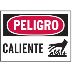 Adhesive-mounted polyester signs warning of hot surfaces in Spanish. Nominal size 3 1/2 x 5 inches, 0.01 inch thick. Not retroreflective or glow-in-the-dark. Sold in packs of 5 for permanent mounting on clean surfaces.