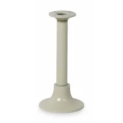 This round post pedestal is constructed from steel and aluminum with a tan powder-coated finish. It features a round footplate and is designed for supporting benches in locker rooms and similar commercial changing areas.
