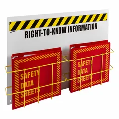 White wall-mount safety station for displaying hazard communication and safety information. Overall dimensions: 20 in H x 29 in W x 5 in D. Mounting hardware not included. Suitable for industrial facilities requiring organized presentation of safety signs and documents.