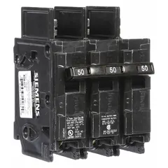 Three-pole bolt-on miniature circuit breaker rated 50 A at 240V AC. Provides overcurrent protection in electrical distribution systems. Suitable for use in panelboards and load centers.
