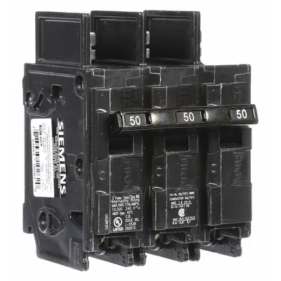 SIEMENS BQ3B050 Miniature Circuit Breaker, 50A, 240V AC, 3-Pole, Bolt-On - BQ & BQH Series, Bolt-On Siemens Miniature Circuit Breakers
