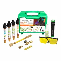 This fluorescent leak detection kit is designed for locating refrigerant leaks in HVAC and refrigeration systems. It includes a 0.5 oz green dye cartridge, hose assembly, and a violet light LED inspection light powered by AAA batteries (included). Compatible with HFO refrigerant groups.