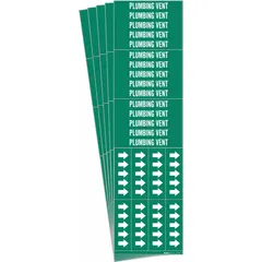 Green adhesive pipe markers with white legend text reading 'Plumbing Vent' and directional arrows. Each marker fits pipe outer diameters of 3/4 inch and smaller. Sold in a 5-pack containing 3 markers, suitable for identifying vent lines in plumbing systems.