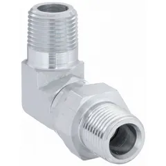 Steel hydraulic hose adapter with 1/4 in NPTF male threads on both ends and a 90° swivel elbow configuration. Used to connect hydraulic components in fluid power systems, allowing for tight-space routing and reducing hose stress.