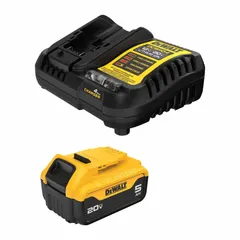 This kit includes a 20V MAX* 5 Ah battery and a charger, providing power for cordless tools such as drills, saws, and impact drivers. The battery is not oil-resistant. Suitable for construction, maintenance, and industrial applications requiring portable power.