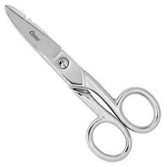 All-metal scissors with serrated, pointed steel blades and a silver finish. Overall length of 5 inches. Suitable for cutting medium gauge wire in electrical and wiring applications.