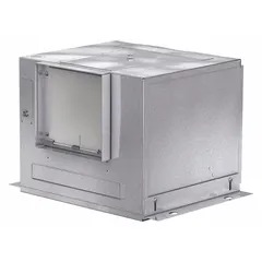 Square duct inline cabinet fan with 8 in x 8 in connection, rated 400 cfm at 0.100 in SP. Operates on 115V AC single-phase, 98 W, with variable speeds. Discharge direction selectable horizontal or vertical. Suitable for ducted exhaust systems in commercial or industrial ventilation.