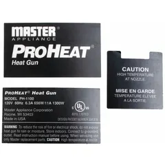 Replacement housing label indicating 120V electrical rating for Master Appliance power tools. Fits models 3W771/6NE92 and PH-1100/PH-1100K. Used during maintenance or repair to ensure proper voltage identification.