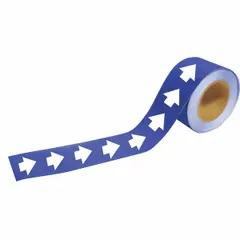 Non-reflective pipe marker with blue background and white legend text, made of polyester. Measures 12 inches wide by 2 inches long, supplied in a 12-inch roll width. Used for identifying pipes and indicating directional flow in industrial piping systems.