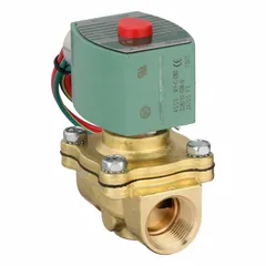 This REDHAT solenoid valve is a 2-way, 2-position normally closed valve with a 3/4 in pipe size and 24V DC operation. It features a watertight coil enclosure and is designed for high-flow applications requiring reliable on/off control of fluids.