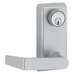 This lever outside trim is designed for use with exit push bars on doors up to 36 in wide. Constructed of silver aluminum, it provides a lever handle for exterior access. Suitable for commercial applications where non-ADA-compliant hardware is acceptable.