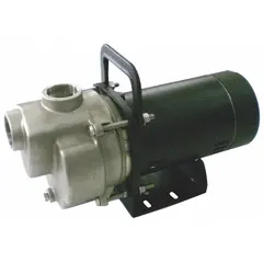 Self-priming centrifugal pump with 1/8 to 1 HP motor, 115/230V AC, ODP enclosure. Max head 33 ft, 1 1/2 in compatible intake and discharge. Used for water transfer, dewatering, and irrigation in industrial and agricultural settings.
