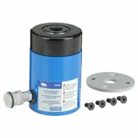 This king pin pusher set is used in fleet and vehicle maintenance to remove king pins from heavy-duty truck and trailer steering knuckles. It has a 30 ton force capacity, a maximum height of 27 45/64 in, and is constructed from steel
