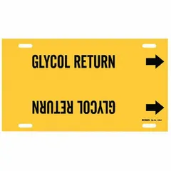 Yellow pipe marker with black legend text reading 'Glycol Return' and directional arrows. Fits pipe outer diameters from 6 to 7-7/8 inches. Used to identify glycol return lines in industrial piping systems for clear labeling during operation and maintenance.