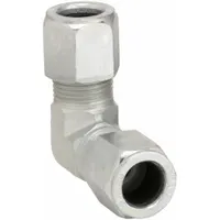 Steel compression fitting elbow from the Ferulok series, designed for flareless bite-type connections on 5/8 in OD tubing. Thread size is 7/8-14 x 7/8-14. Suitable for industrial hydraulic and pneumatic systems requiring leak-resistant joints without tube flaring