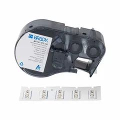 White matte polyolefin sleeve label for wire and cable identification. Measures 3/4 in x 11/32 in, suitable for 10 AWG to 20 AWG wire gauge. Compatible with M510 printer series. Used in industrial panel builds, machine wiring, and maintenance marking.