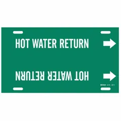 Green pipe marker with white legend reading 'Hot Water Return' for identifying hot water return lines. Fits pipe outer diameters of 10 to 15 inches. Includes directional arrows for flow indication. Single strap-on marker.