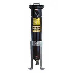 Carbon steel bag filter housing with swing bolts closure. Bag Trade Size 2, 2-inch NPT connections, 80 gpm flow rate, 175 psi maximum pressure. Used for industrial liquid filtration to remove particulates from water, chemicals, and process fluids.