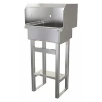 Freestanding hand sink with 16 ga stainless steel construction, 17 in bowl length, 7 in bowl depth, and two faucet holes. Includes side splash for splash control. Suitable for commercial kitchens, healthcare facilities, and food service areas requiring hand hygiene stations