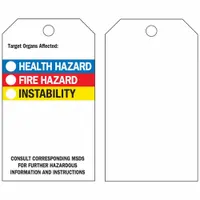 Rectangular polyester safety tag with self-laminating design for durable identification. Each tag measures 5 3/4 in height, 3 in width, and 0.01 in thickness. Includes 25 nylon ties. White color. Sold in a 25-pack. Suitable for labeling equipment, pipes, or safety barriers