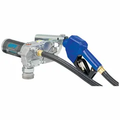 This bung-mount AC-powered fuel transfer pump operates on 115 V AC with a 1/8 hp motor, delivering a maximum flow rate of 12 gpm. It includes a 3/4" x 12' discharge hose and an automatic nozzle, suitable for transferring fuels from drums or tanks in various settings.