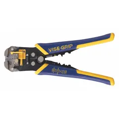 This wire stripper handles stranded wire from 24 AWG to 10 AWG, combining stripping, cutting, and crimping functions in one tool. The 8-inch length provides leverage, while the deluxe cushion grip reduces hand fatigue. Suitable for electrical wiring tasks such as panel wiring and general maintenance.
