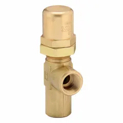 Hard-seat pressure control valve for hydraulic systems, regulating and limiting pressure to protect components. Brass body with 3/4 in NPT ports, flow capacity 15 gpm, maximum pressure setting 2600 psi. Suitable for industrial machinery, mobile equipment, and fluid power circuits.