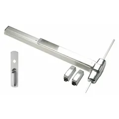 This surface-mounted vertical rod exit device is constructed of aluminum and features a touchbar and thumbpiece pull. It is designed for doors up to 4 ft wide, providing vertical rod latching for egress applications in commercial settings.