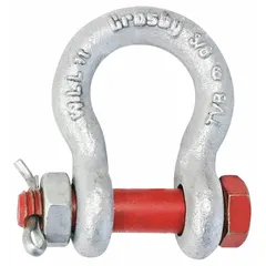 Silver anchor shackle with a working load limit of 1,000 lb and a width between eyes of 15/32 in. Used in lifting and rigging to connect chains, slings, or hardware to a load.