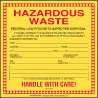Adhesive-backed label printed with 'Hazardous Waste' message. Measures 6 inches by 6 inches. Sold in packs of 100. Used for marking containers that hold hazardous waste in industrial, laboratory, and facility environments