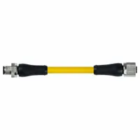 Double-ended cordset with yellow TPE jacket for heaviest-duty applications. Features M12 male straight to M12 female straight connectors, 5 pins, 16 AWG wire, 3 m cable length, and IP67 rating. Suitable for harsh industrial environments requiring resistance to oils, chemicals, and abrasion
