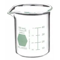 KIMBLE Colorware Beaker: 50 mL, 1.69 fl oz, A, Low Form, Type I, Green, Borosilicate Glass (MPN 14000G-50)
