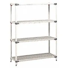 Stationary plastic shelving unit with a steel frame and four antimicrobial plastic shelves. Each shelf adjusts quickly and supports up to 800 lb. Overall height 62 in. Suitable for sanitary storage in environments requiring hygiene control.