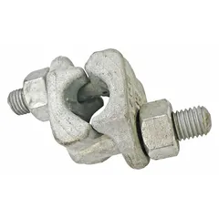 Forged steel fist clip for wire rope termination. Double-saddle design. Compatible with 1 in rope diameter. Requires 37 in rope turnback length. Used in lifting, rigging, and industrial applications.