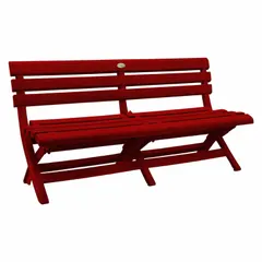 This folding bench is constructed from mineral polymer in a Barn Red finish. It has a seat width of 58 3/4 inches, seat depth of 22 inches, and seat height of 16 inches. Suitable for outdoor seating in gardens, parks, or commercial terraces.