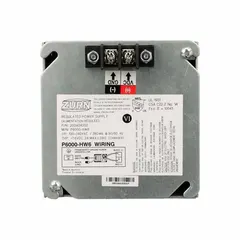 This hardwired power converter supplies 7.6V DC to ZURN ZEMS Series electronic faucets. Constructed from metal with a black finish, it provides a consistent power source for sensor-operated faucets in commercial restrooms, eliminating the need for battery changes.