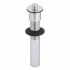 This WATCO sink drain is made of brass with a chrome finish. It includes a flip stopper closure and an overflow. The drain has an overall height of 8 inches and an overall diameter of 2 1/8 inches, connecting to a 1 1/4-inch pipe via a slip joint. Suitable for kitchen or bathroom sinks requiring a flip stopper and overflow function.