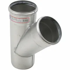 Stainless steel push-fit wye fitting with 4 in x 2 in x 4 in female connections on all three ends. Rated for a maximum operating pressure of 29 psi and compliant with ASME A112.6.3. Used in drainage and waste systems to join a branch line into a main pipe at a 45-degree angle.