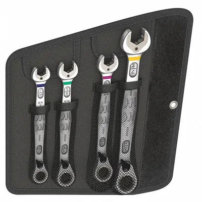 WERA Combination Wrench Set: Alloy Steel, Nickel Chrome, 4 Tools, Std, Reversing - SAE 12-Point Ratcheting Combination Wrench Sets
