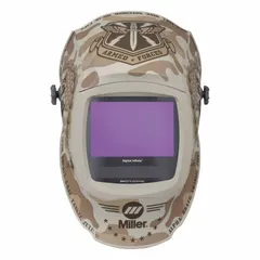 Auto-darkening welding helmet with nylon shell in camouflage and patriotic graphics. Features 4 arc sensors, a 13.4 sq in viewing area, and welding shade range W8-W13. Includes grind mode and ratchet suspension adjustment. Suitable for arc welding protection in fabrication, construction, and maintenance applications.