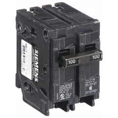 This 2-pole miniature circuit breaker is rated 100 A at 120/240V AC and is designed for plug-in installation in compatible load centers. It provides overcurrent protection for branch circuits in residential and light commercial electrical panels.