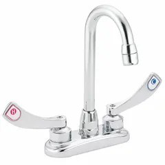 This MOEN centerset bar sink faucet is constructed with a cast metal body and features a deck-mount design requiring two mounting holes. It delivers a flow rate of 1.5 gpm, suitable for bar and prep sink applications where a compact faucet is needed.