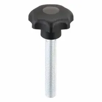 This 7-arm knob with threaded stud is used for manual adjustment or clamping on machinery, jigs, and fixtures. It features a 40 mm diameter plastic body with a steel thread insert, M10 thread, and 60 mm thread length. The multi-arm design provides ergonomic grip for frequent hand-tightening in industrial settings
