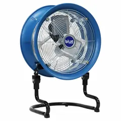 Stationary floor fan with 14-inch polypropylene blade and 1/8 hp direct-drive motor. Operates on 115V AC and complies with UL 507. Suitable for general air circulation and cooling in workshops, warehouses, and manufacturing facilities.