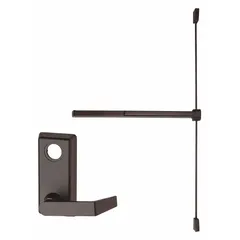 Surface vertical rod exit device with lever and touchbar, bronze finish. Designed for doors up to 3 ft wide, providing push-bar operation for egress applications.