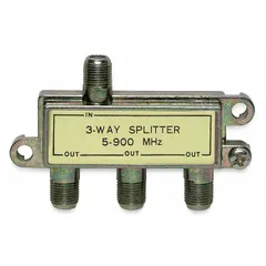 This audio/video splitter has one F-Type female input and three F-Type female outputs, supporting frequencies up to 900 MHz. It is used to distribute a single coaxial signal to multiple devices in data, audio, and video systems. The gold finish provides corrosion resistance.