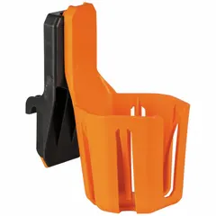 Plastic cup holder attachment for MODBox rail systems. Features a one-handed release mechanism. Dimensions: 6 3/16 in W x 7 5/8 in H x 4 3/16 in L. Dark Gray finish. Suitable for securing a beverage on mobile workstations.