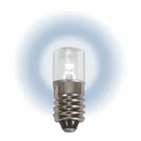 Miniature lamp with E10 screw base and T3-1/4 tubular bulb shape. Operates at 12.8V DC and produces white light. Suitable for use in indicator lights, panel displays, and low-voltage signaling applications