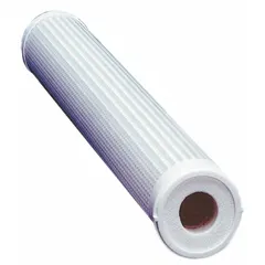 This pleated water filter cartridge features polypropylene filter media with a 0.2 micron rating. It has a flow capacity of 20 gpm and an overall height of 20 inches. Suitable for fine filtration in industrial water systems, including process water and pre-treatment applications where polypropylene media is compatible.