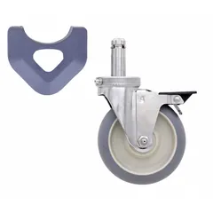 Swivel caster with brake designed for Metro plastic shelving. Features a 5-inch solid rubber wheel and stainless steel frame. Suitable for washable cart applications in environments requiring frequent cleaning.